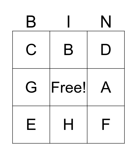 LETTERS A - I  Bingo Card