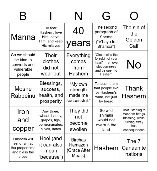 Parsha of the Week Bingo Card