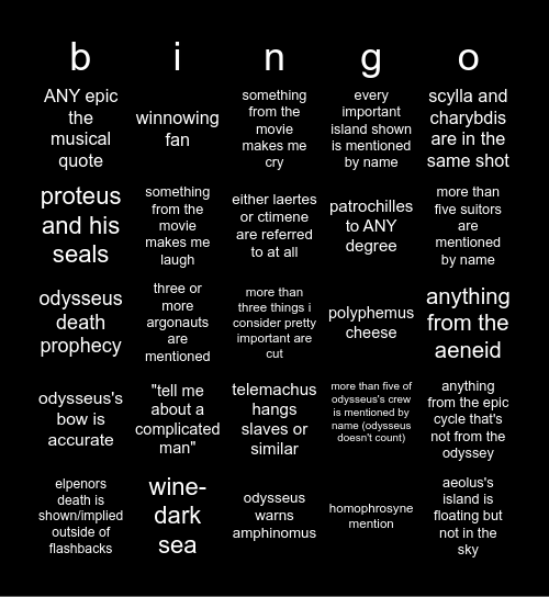odyssey movie bingo (i havent seen trailers lmao) Bingo Card