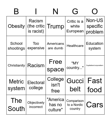 America Bad Bingo Card