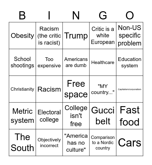 America Bad Bingo Card