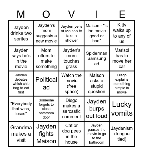 Movie Day CONTINUED Bingo Card