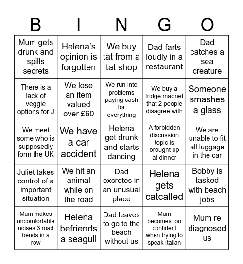 Family Holiday Bingo Card
