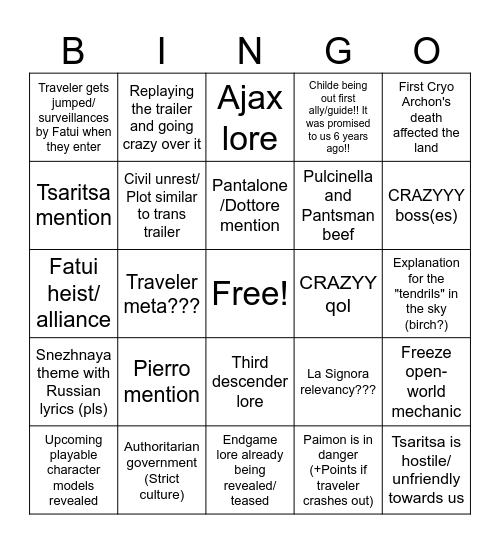Genshin 7.0 Special Program Bingo Card
