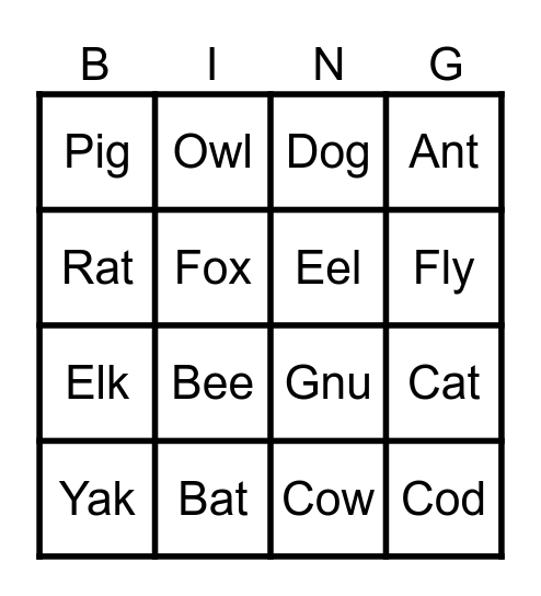 Animals Bingo Card