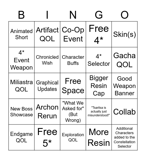 Genshin 7.0 Livestream Bingo Card