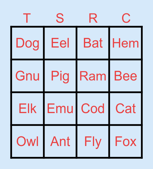 Animals Bingo Card