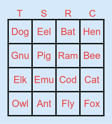 Animals Bingo Card