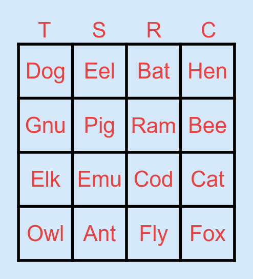 Animals Bingo Card