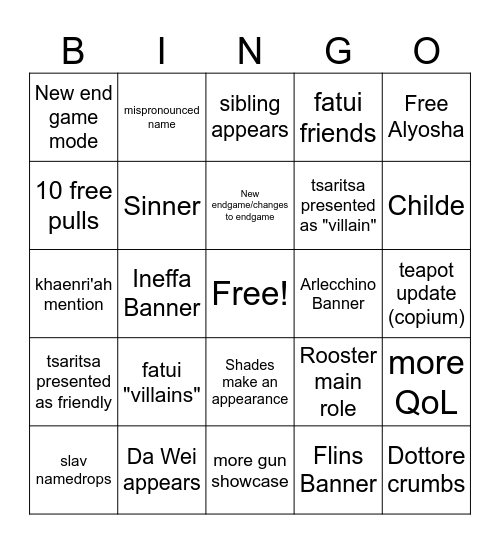 Snezhnaya BINGO Card