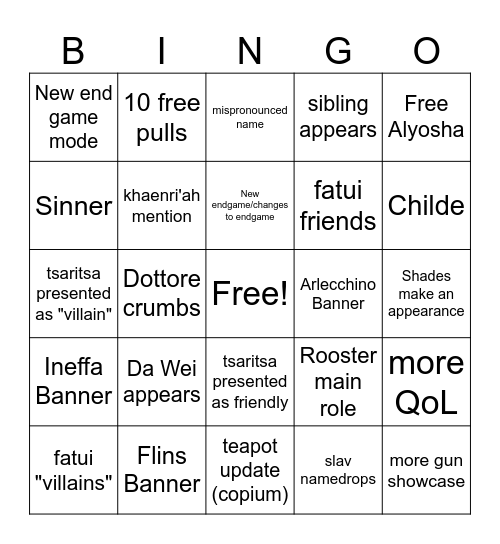 Snezhnaya BINGO Card