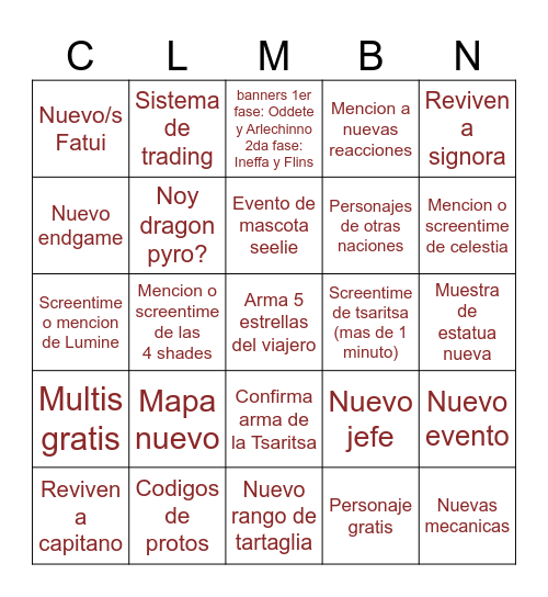 Snezhnaya Bingo Card