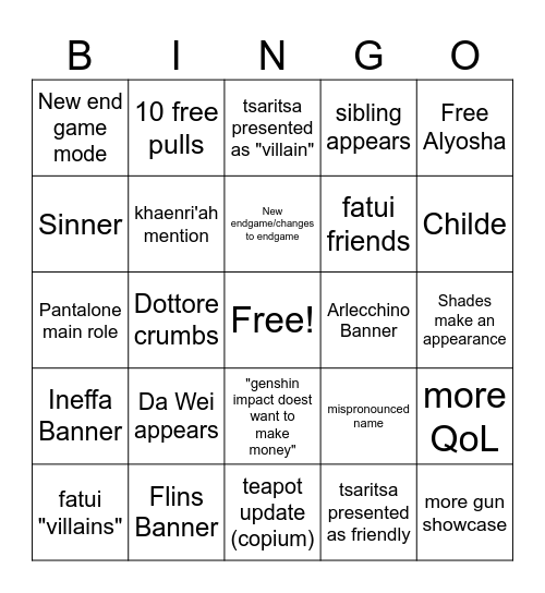 Snezhnaya BINGO Card