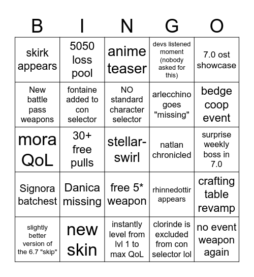 7.0 livestream bingo Card