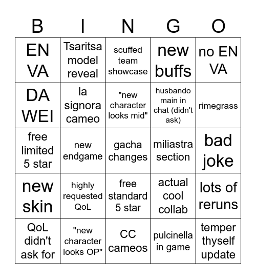 Genshin Snezhnaya special program Bingo Card