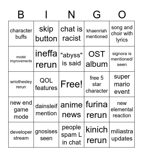 7.0 livestream Bingo Card