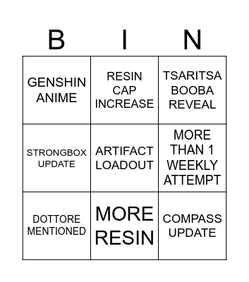 Genshin 7.0 Bingo Card