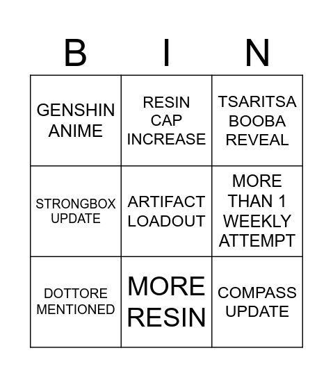 Genshin 7.0 Bingo Card