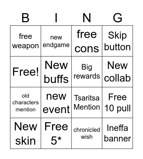 Genshin Livestream Bingo Card