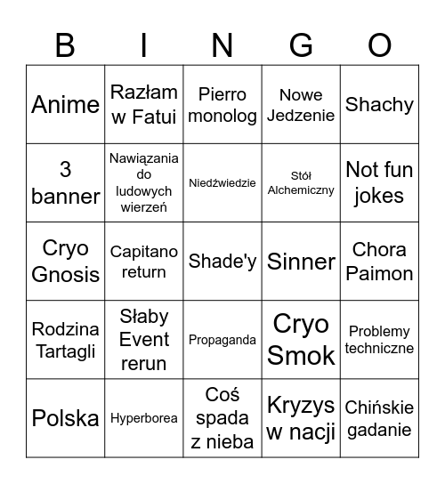 Genshin 7.0 Bingo Card