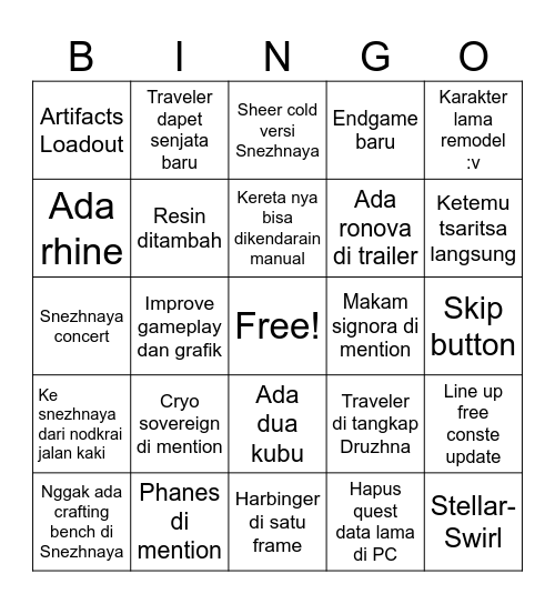 Snezhnaya 7.0 Livestream BINGO Card
