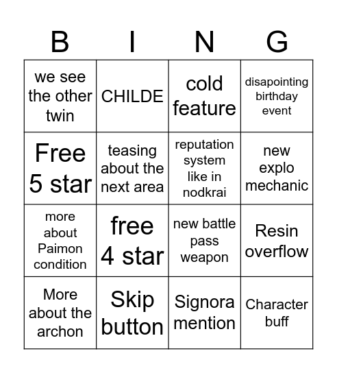 genshin 7.0 Bingo Card