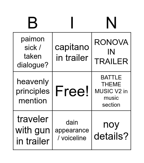 7.0 TRAILER BINGO Card