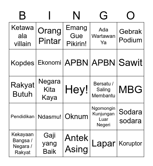 Bingo Pidato Prabowo Bingo Card