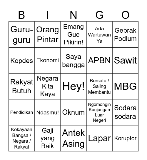 Bingo Pidato Prabowo Bingo Card