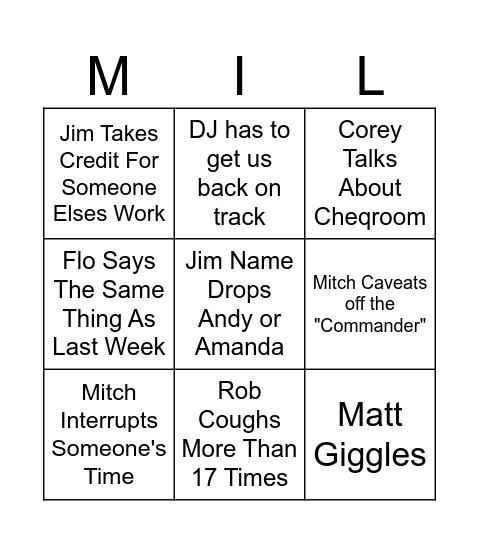 Friday Morning Team Call Bingo Card