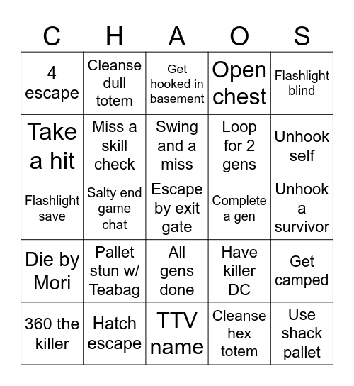 Chaos Shuffle Bingo Card