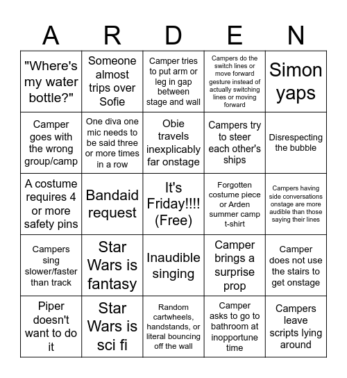 Sci-fi and Musical Theatre! Bingo Card