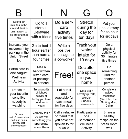 DCBDD Wellness BINGO Card