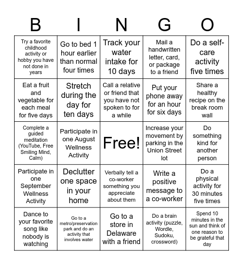 DCBDD Wellness BINGO Card
