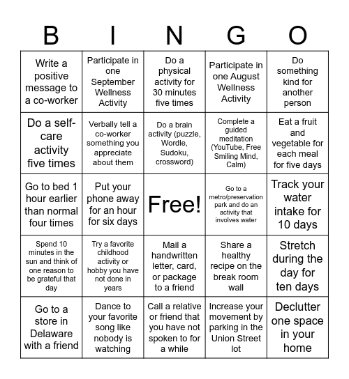 DCBDD Wellness BINGO Card