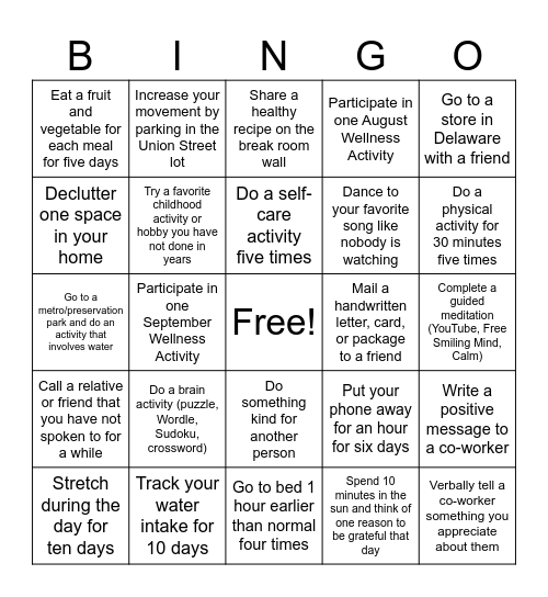 DCBDD Wellness BINGO Card