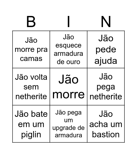 Jão vai ao nether Bingo Card