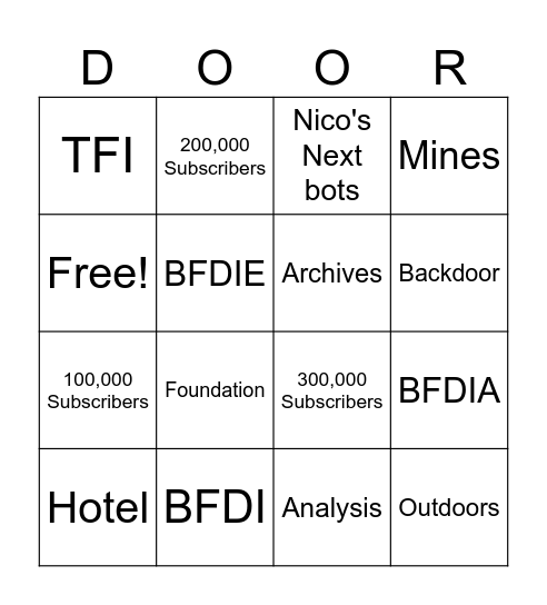 BFDI vs Doors Bingo Card