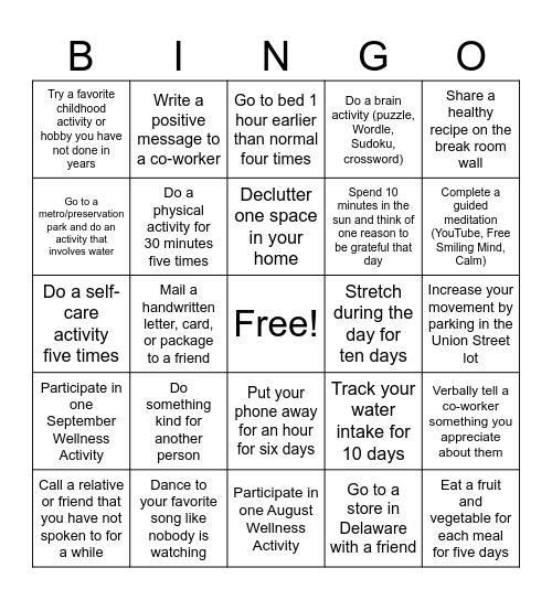 DCBDD Wellness BINGO Card