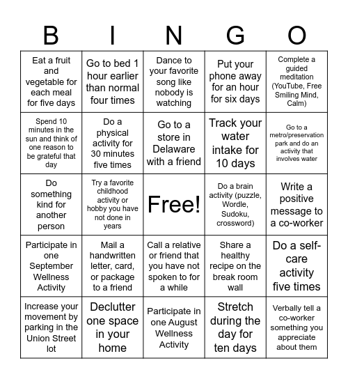 DCBDD Wellness BINGO Card