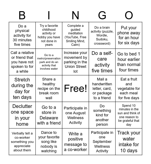 DCBDD Wellness BINGO Card