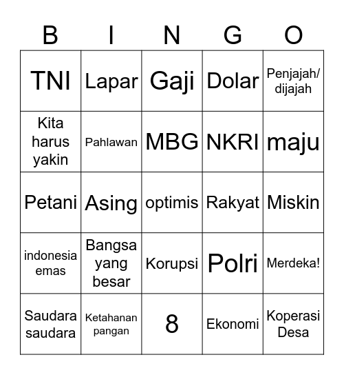 Pidato prabsky Hari kemerdekaan Bingo Card