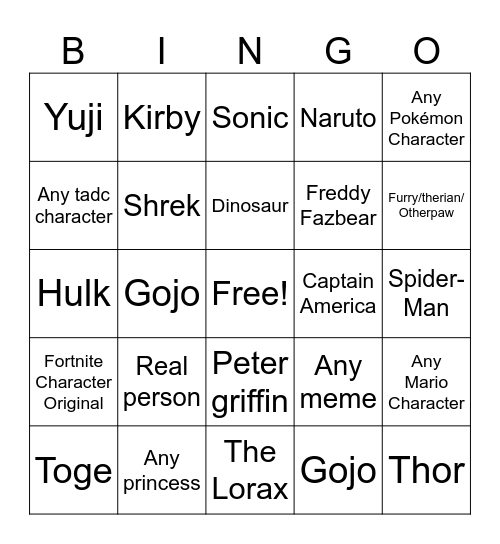 Cosplay bingo Card