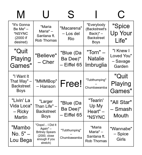 Genre: Pop Culture Bingo Card
