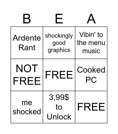 Beamng 0.39 Bingo Card