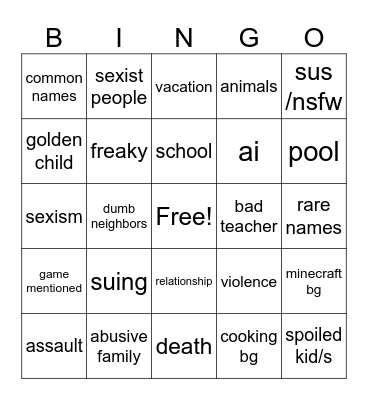 reddit story bingo Card