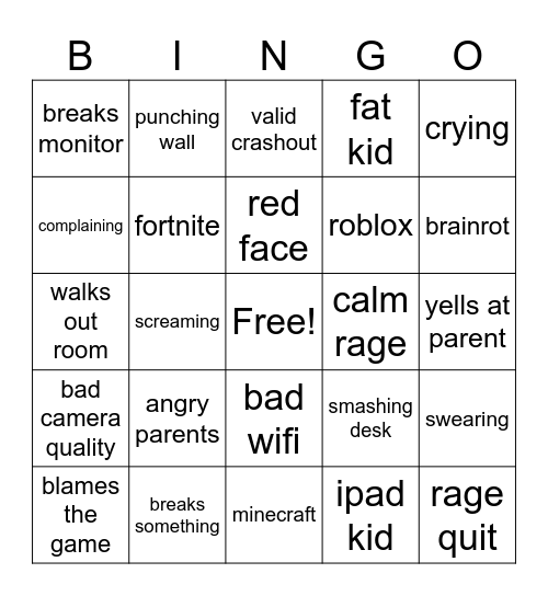 DuckyDee's kid rage bingo Card