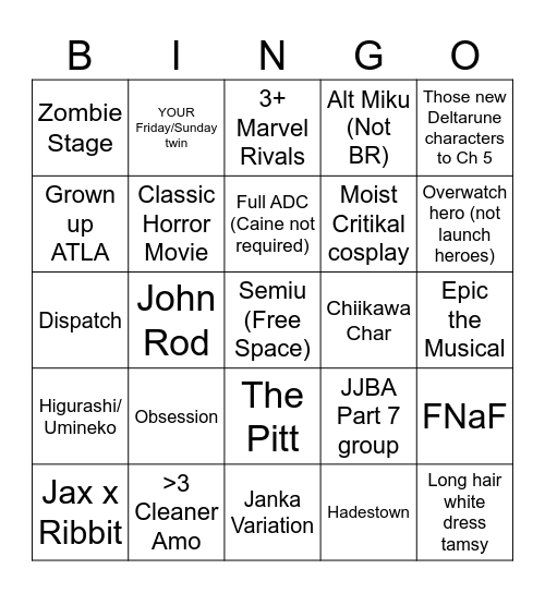 Metrocon 2026 Bingo Card