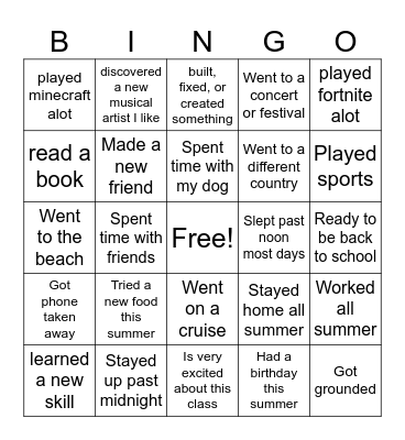 Welcome Back Bingo Card