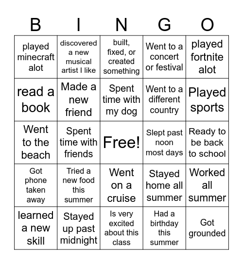 Welcome Back Bingo Card